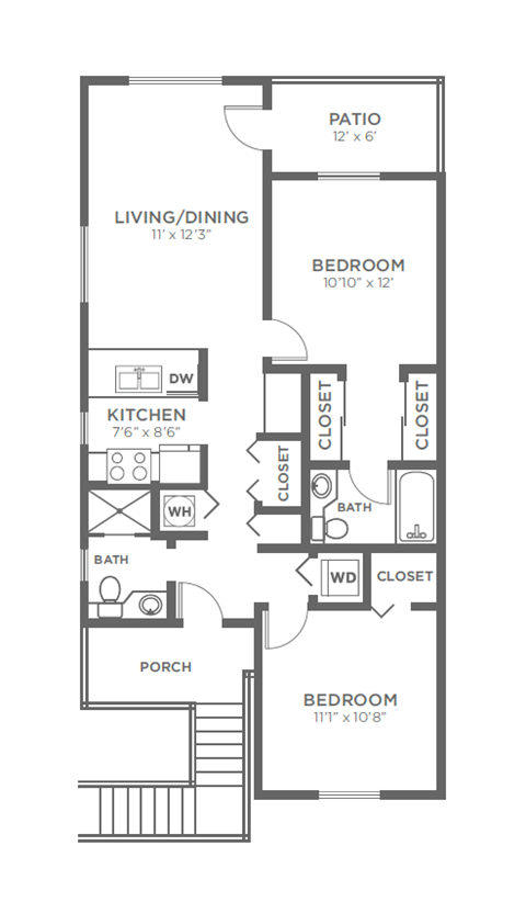 Floor plan for 2 beds, 1.8 baths, 871 sqft
